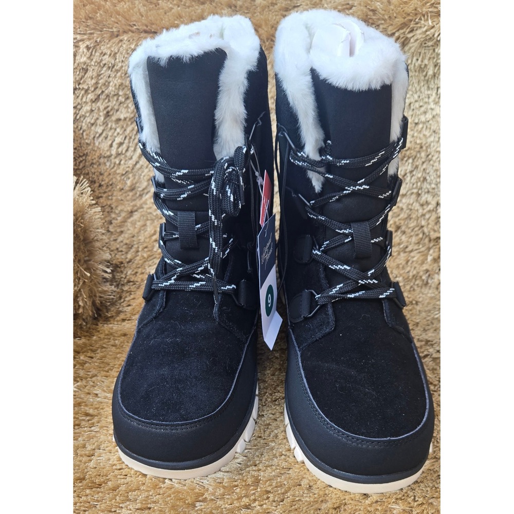 Universal Thread Womens Waterproof Winter Snow Boots Black Faux Fur Trim Size 9